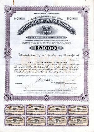 Province of Nova Scotia Consolidated Stock - Stock Certificate