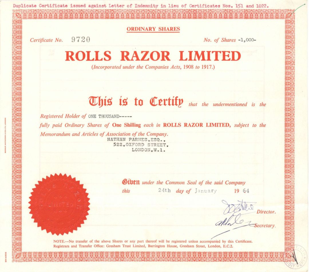 Rolls Razor Limited - 1964 dated British Safety-Razor Stock Certificate