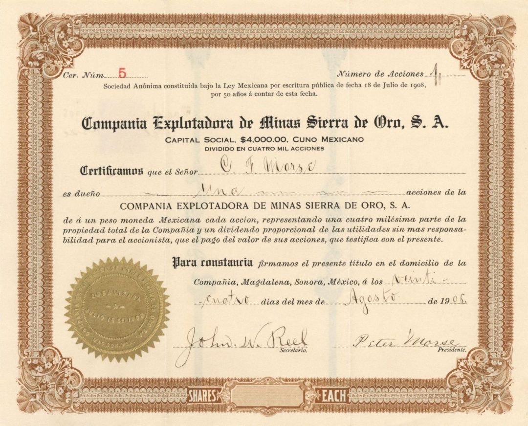 Compania Explotadora de Minas Sierra de Oro. S.A. - 1906 or 1908 dated Stock Certificate