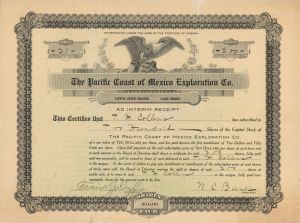 Pacific Coast of Mexico Exploration Co. - 1907 dated Stock Certificate