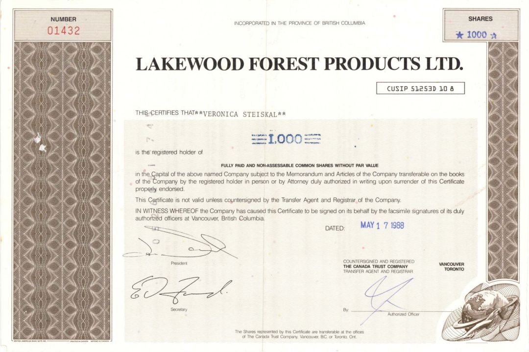 Lakewood Forest Products Ltd. - 1988 dated Stock Certificate