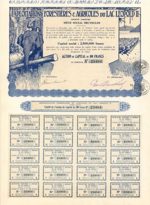 Exploitations Forestieres and Agricole's Du Lac Leopold II - 1927 dated Stock Certificate