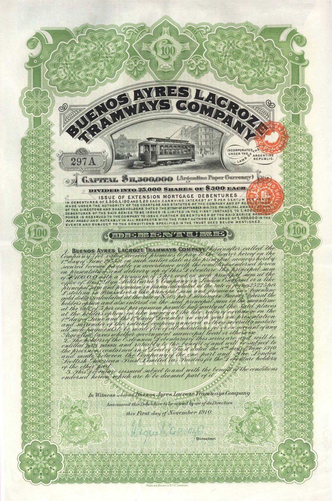 Buenos Ayres Lacroze Tramways Co. - 1910 dated Stock Certificate