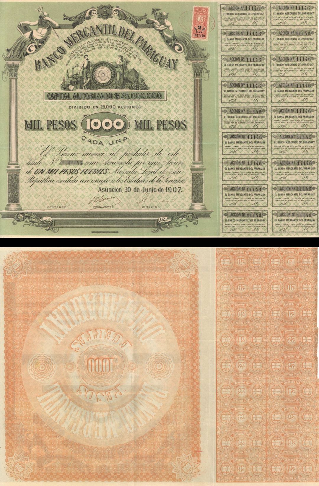 Banco Mercantil Del Paraguay - 1907 dated Stock Certificate