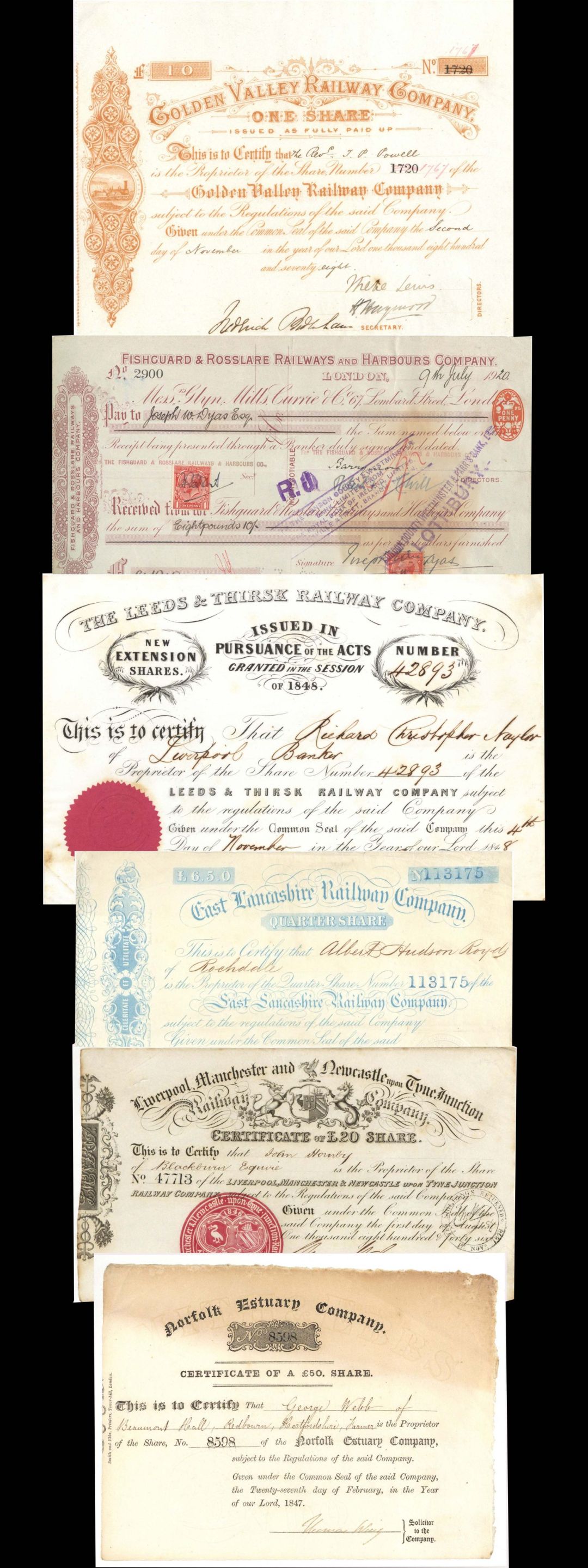 Lot of 6 Different Foreign Railroad Stocks - 1847-1920 dated Stock Certificate