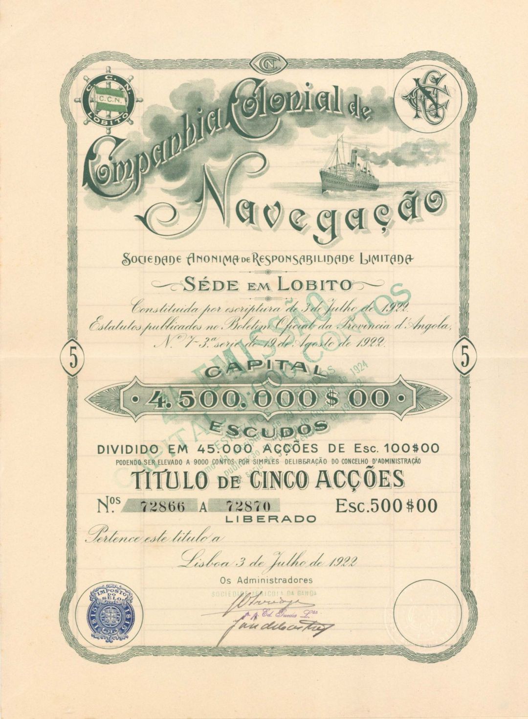 Companhia Colonial de Navegacao - 1922 dated Stock Certificate