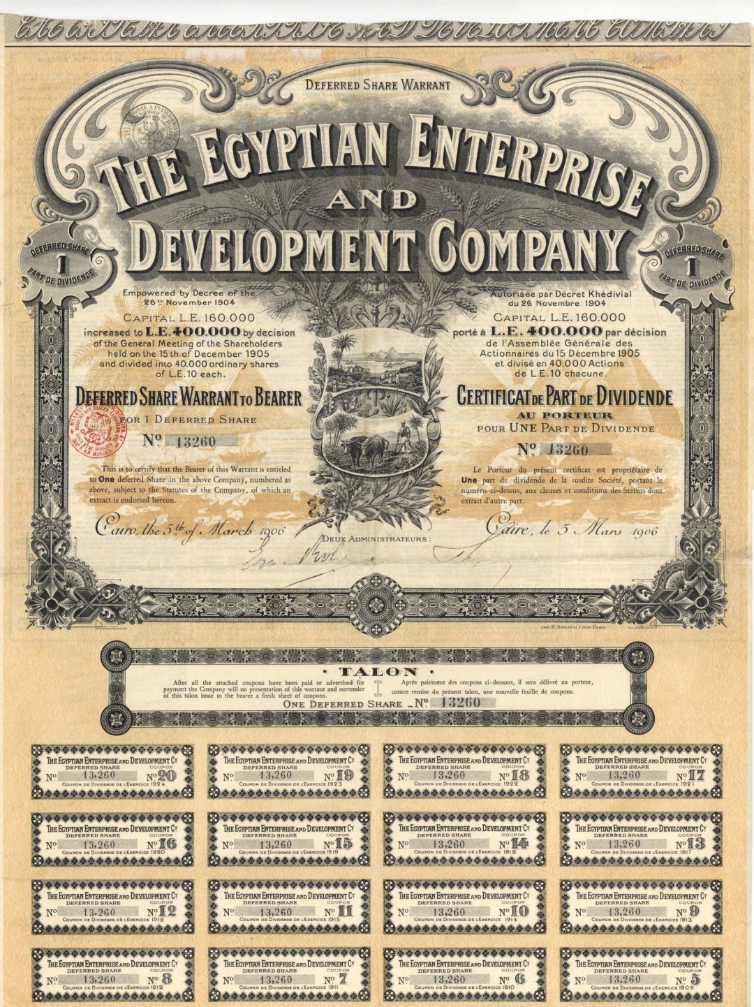 Egyptian Enterprise and Development Co. - 1906 dated Stock Certificate