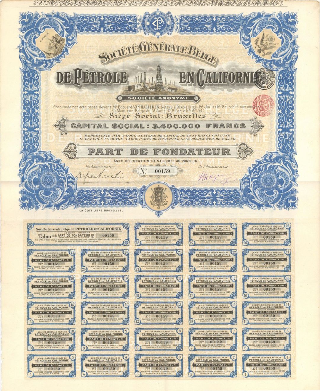 Societe Generale Belge De Petrole En Californie - 1912 dated Stock Certificate