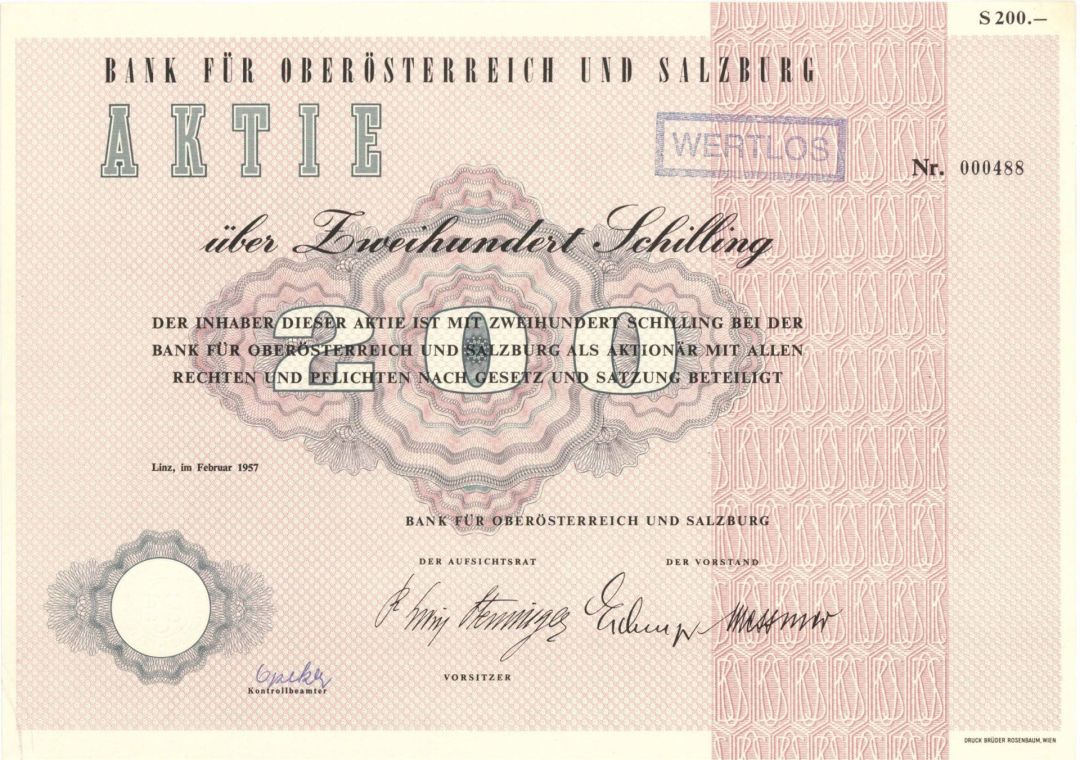 Bank Fur Oberosterreich Und Salzburg - 1957 dated Stock Certificate