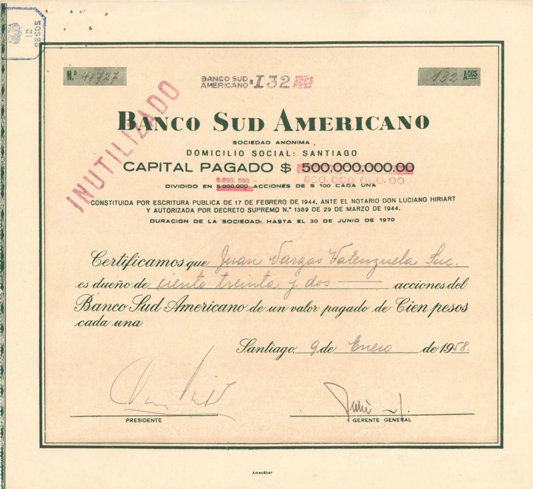 Banco Sud Americano - 1958 dated Stock Certificate