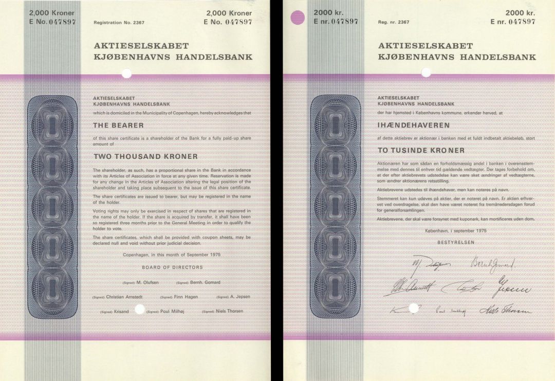 Aktieselskabet Kjobenhavns Handelsbank - 1975 dated Stock Certificate