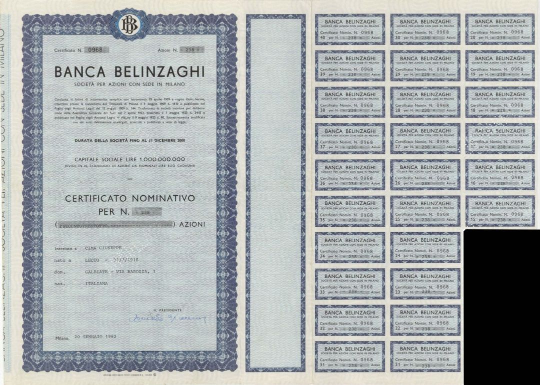 Banca Belinzaghi - 1982 dated Stock Certificate