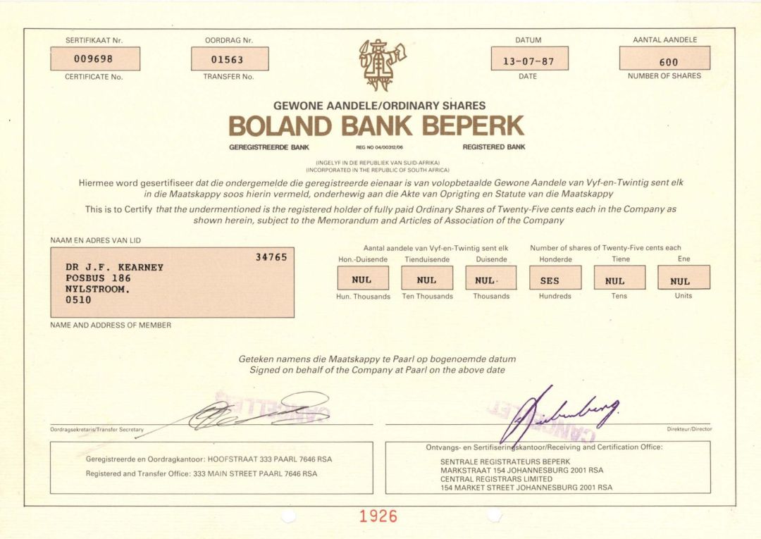 Boland Bank Beperk - 1987 dated Stock Certificate
