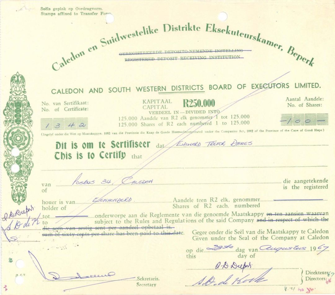 Caledon en Suidwestelike Distrikte Eksekuteurskamer, Beperk - 1985 dated Stock Certificate