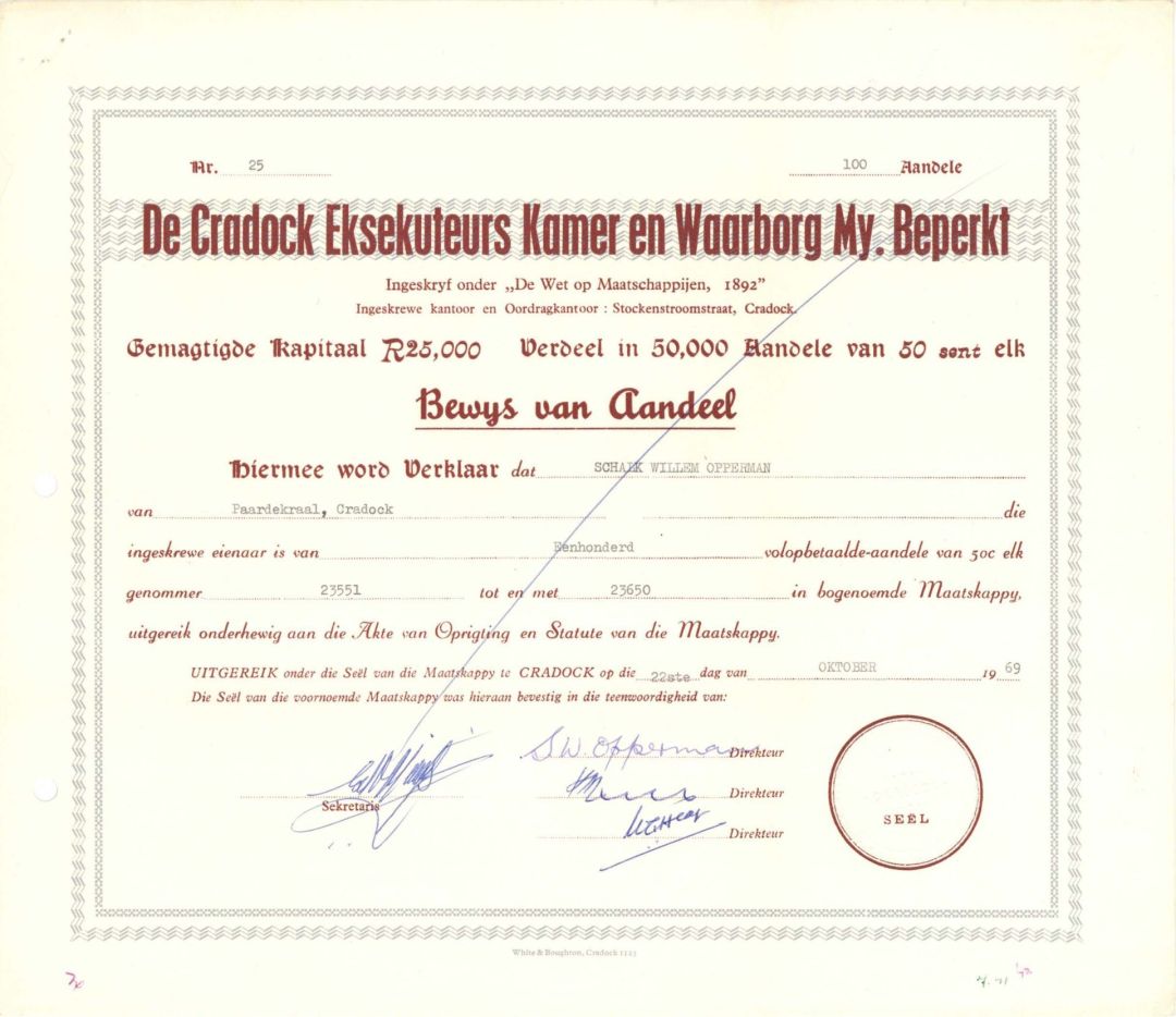 De Cradock Eksekuteurs Kamer en Waarborg My. Beperkt - 1969 dated Stock Certificate