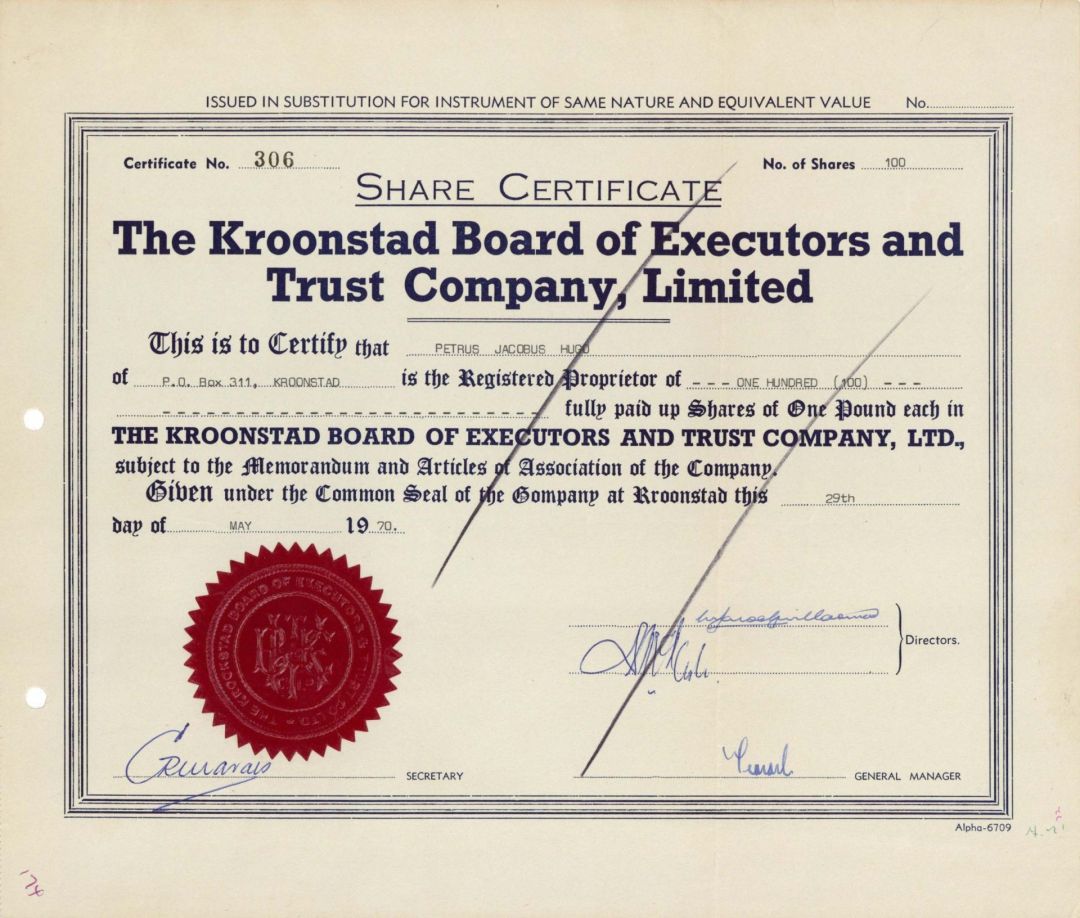 Kroonstad Board of Executors and Trust Company, Limited - 1970 dated Stock Certificate