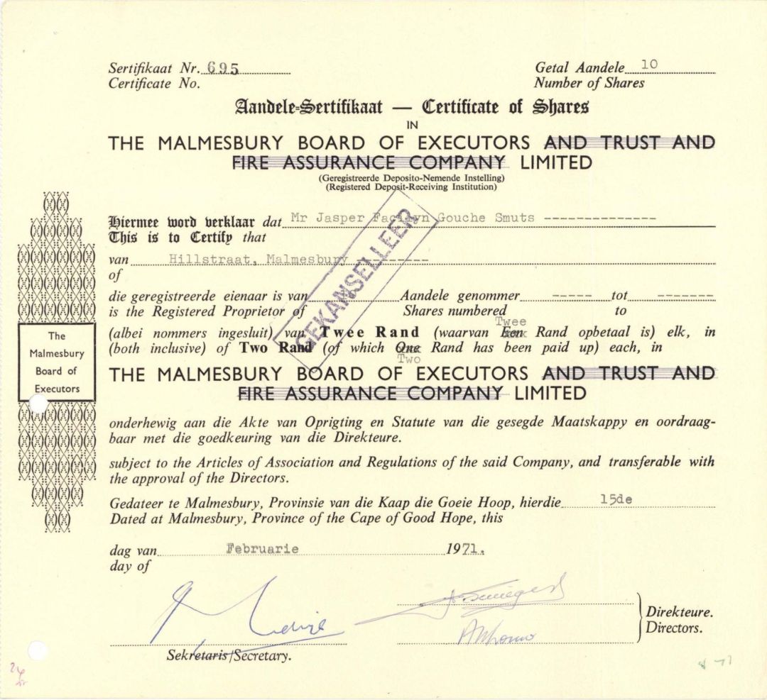 Malmesbury Board of Executors and Trust and Fire Assurance Company, Limited - 1971 dated Stock Certificate