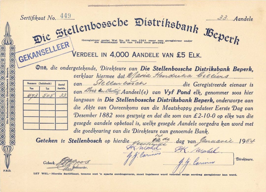 Die Stellenbossche Distriksbank Beperk - 1954 dated Stock Certificate