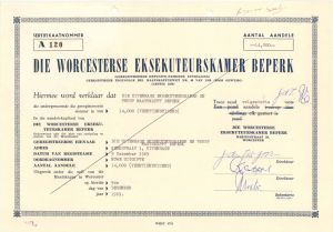Die Worcesterse Eksekuteurskamer Beperk - 1969 dated Stock Certificate