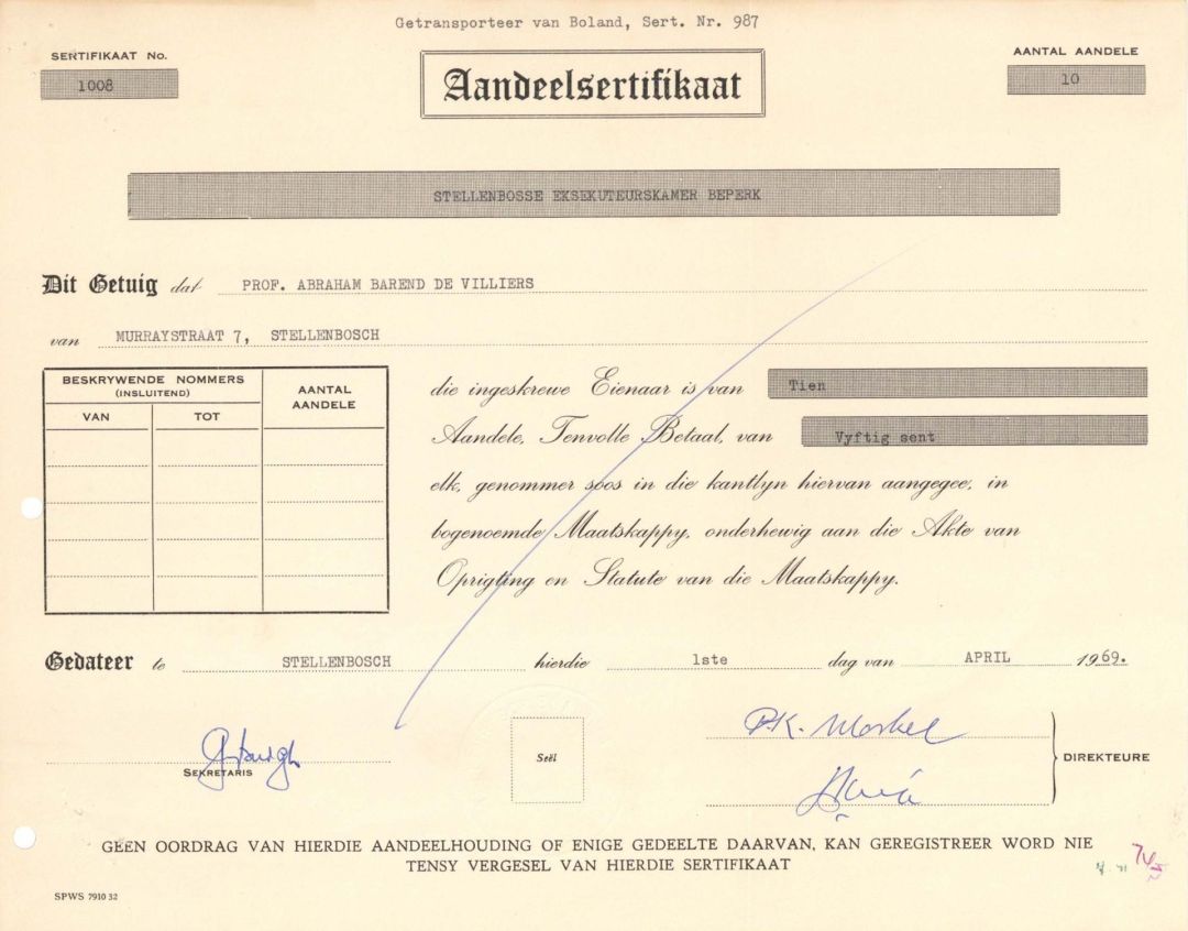 Stellenbosse Eksekuteurskamer Beperk - 1969 dated Stock Certificate