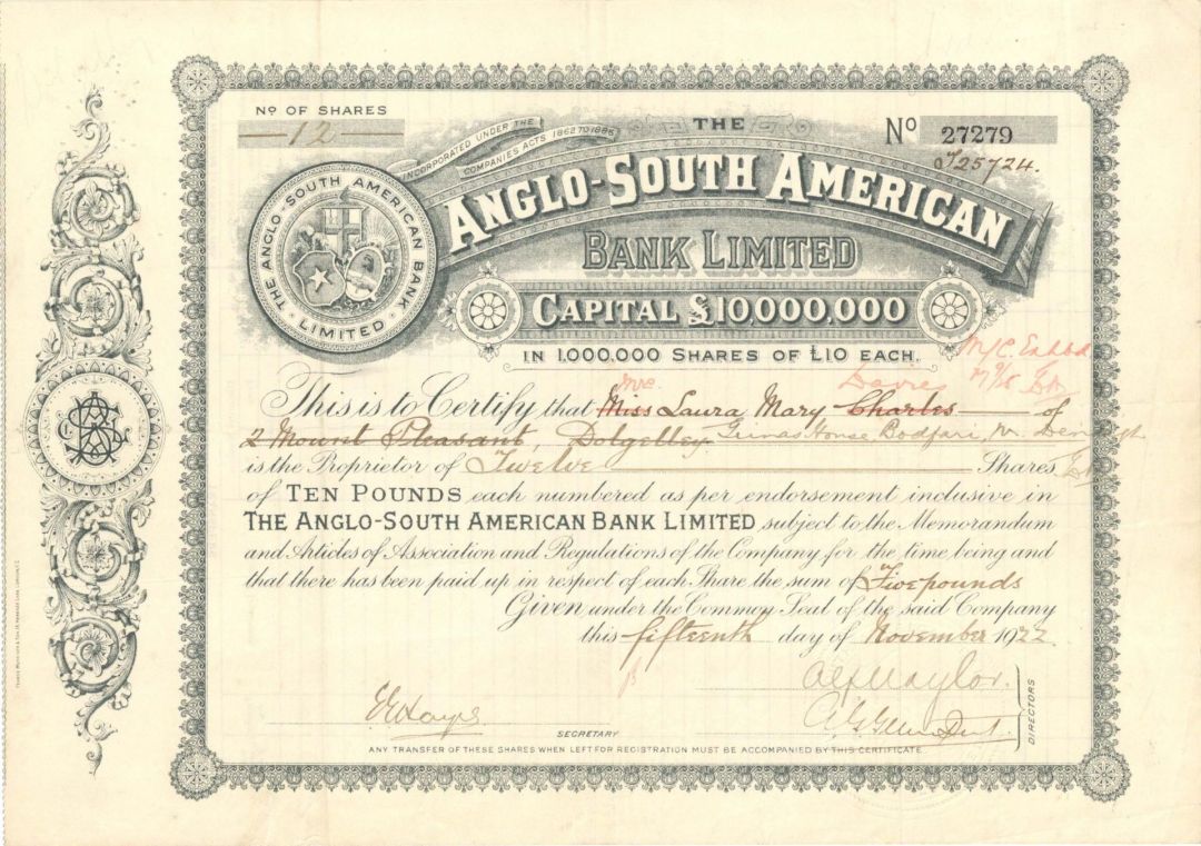 Anglo-South American Bank Limited - 1922 dated Stock Certificate