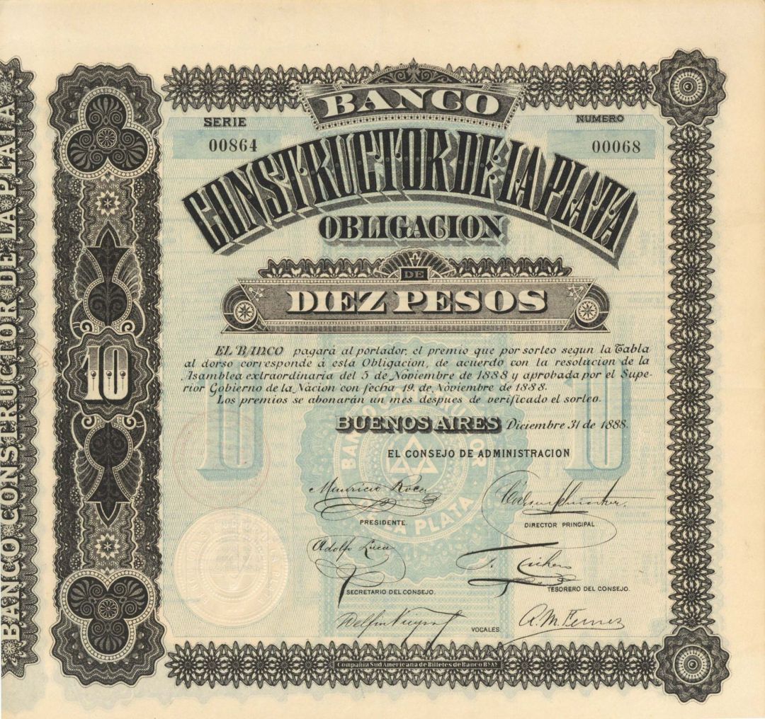 Banco Constructor De La Plata - 1888 dated Stock Certificate