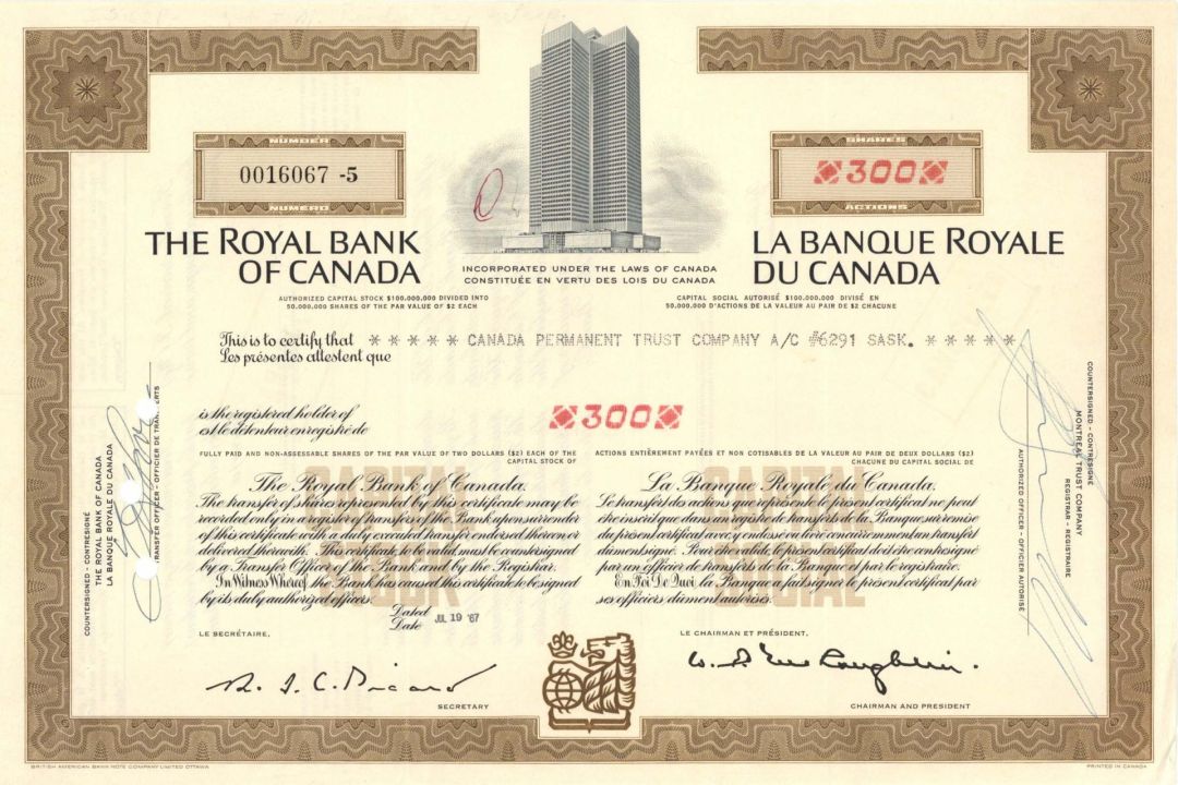 Royal Bank of Canada - 1967 dated Stock Certificate