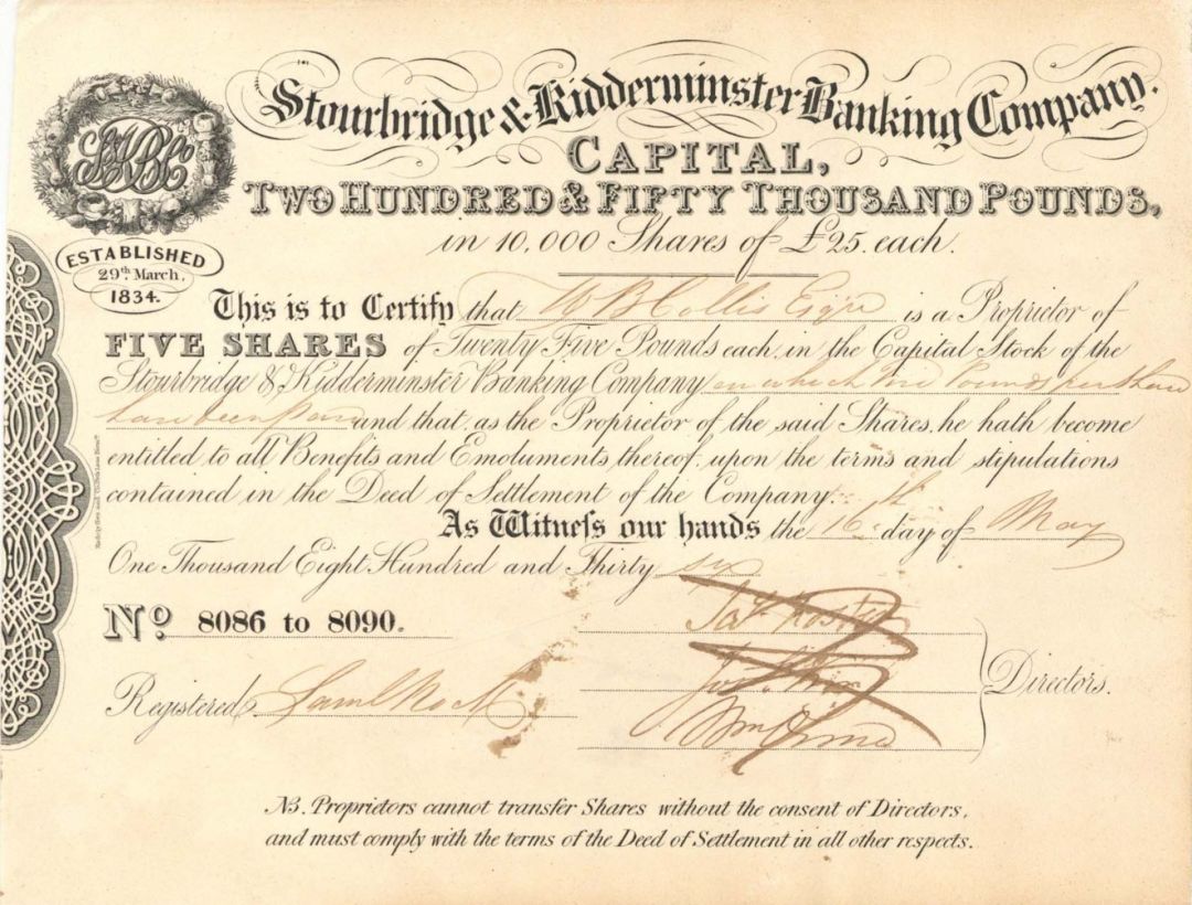 Stourbridge and Kiddermunster Banking Co. - 1836 dated Stock Certificate