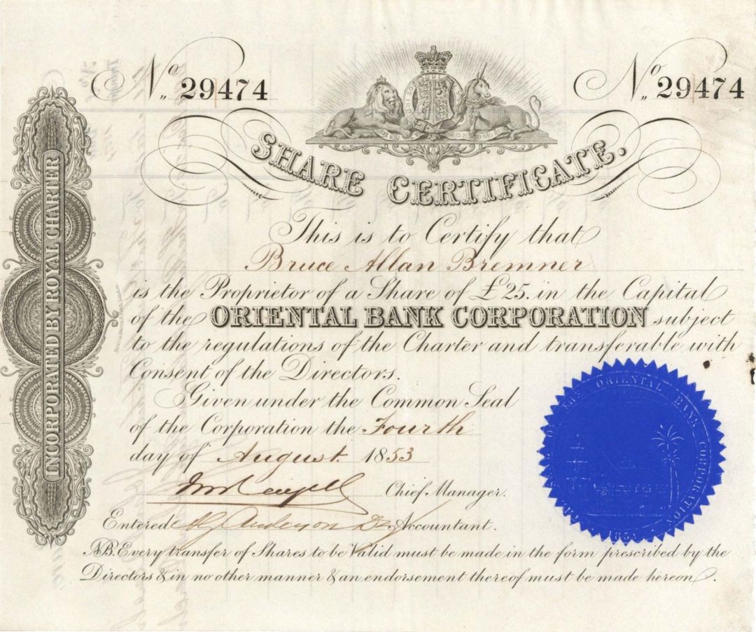 Oriental Bank Corp. - 1853 dated Stock Certificate