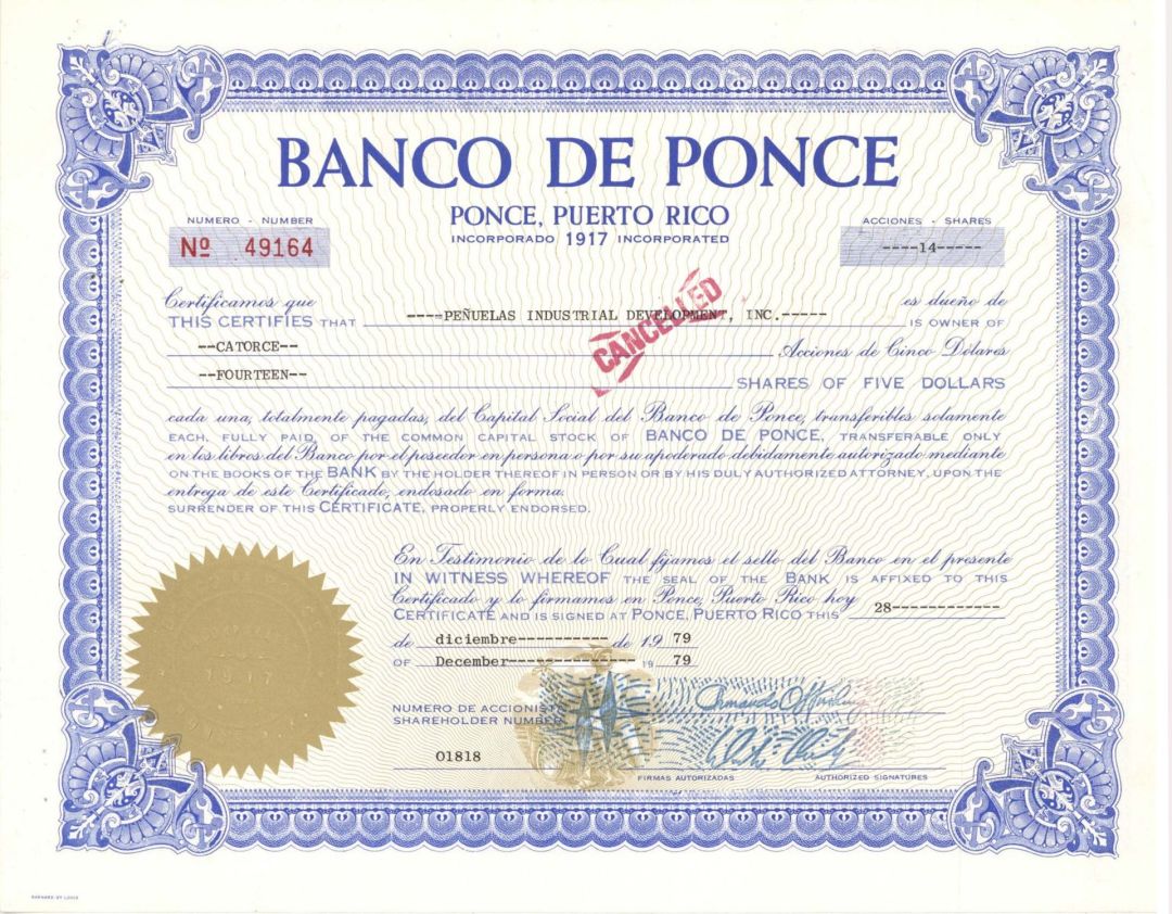 Banco De Ponce - 1979 dated Stock Certificate
