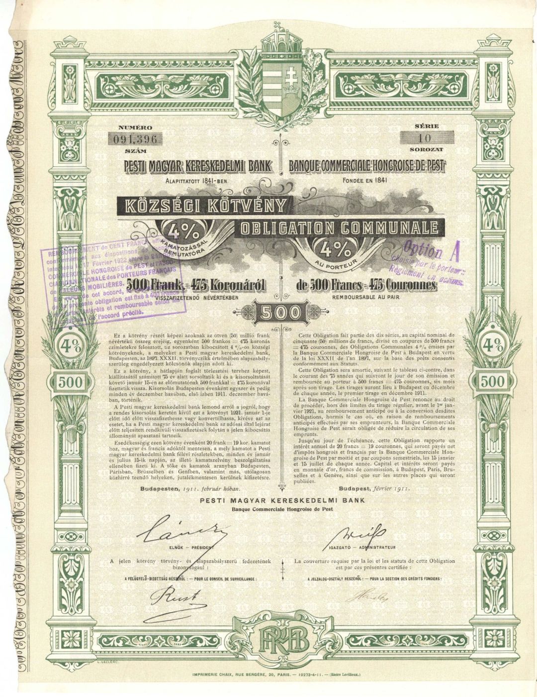 Banque Commerciale-Hongroise-de-Pest - 1911 dated Stock Certificate