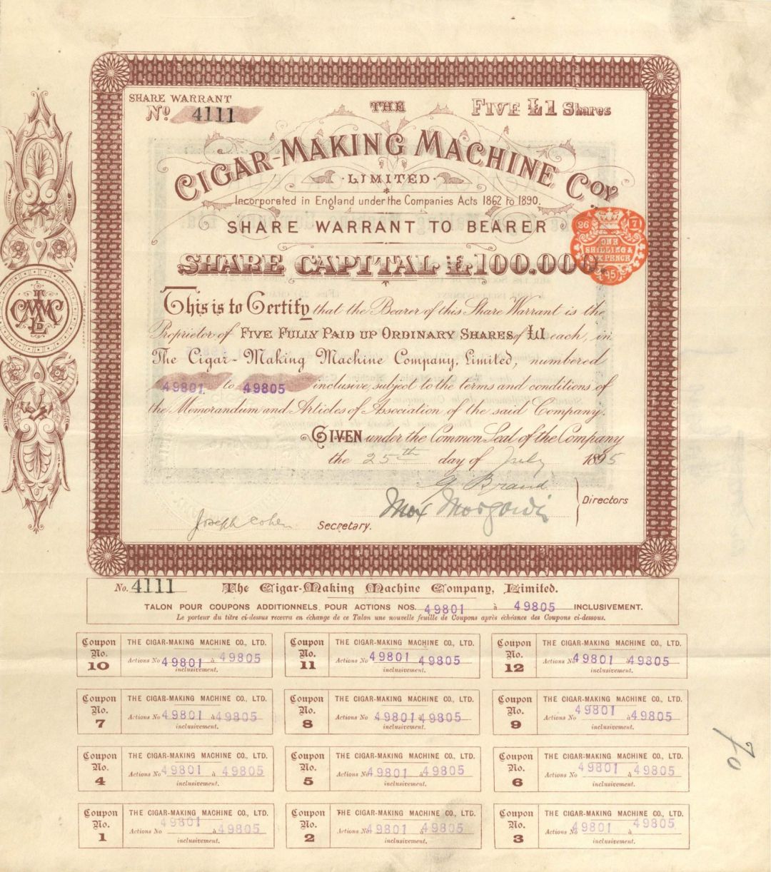 Cigar-Making Machine Company Ltd.  - 1895 dated Stock Certificate