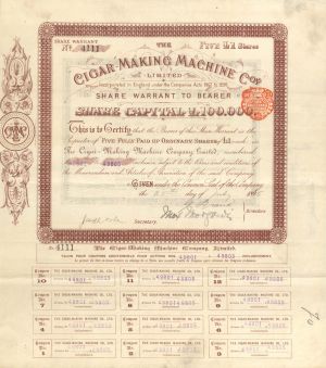 Cigar-Making Machine Company Ltd. - 1895 dated Stock Certificate