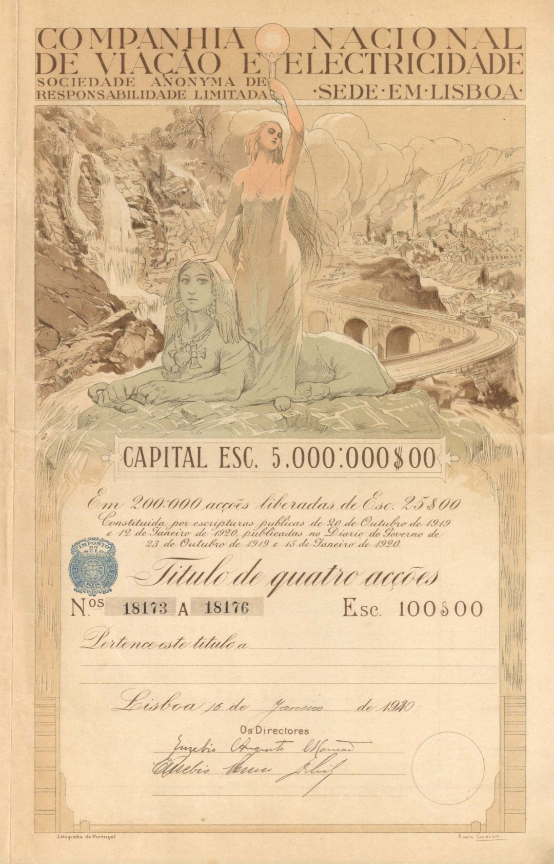 Companhia Nacional De Viacao Et Electricidade - 1920 dated Stock Certificate
