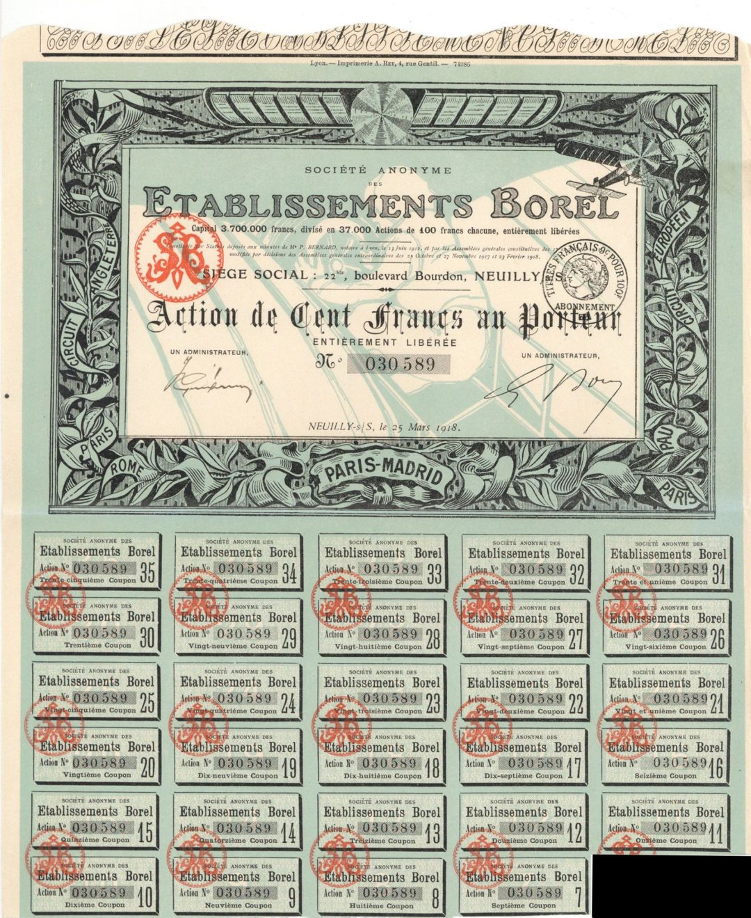 Societe Anonyme Des Etablissements Borel - 1918 dated Stock Certificate