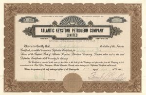 Atlantic Keystone Petroleum Company Limited - 1930 dated Stock Certificate
