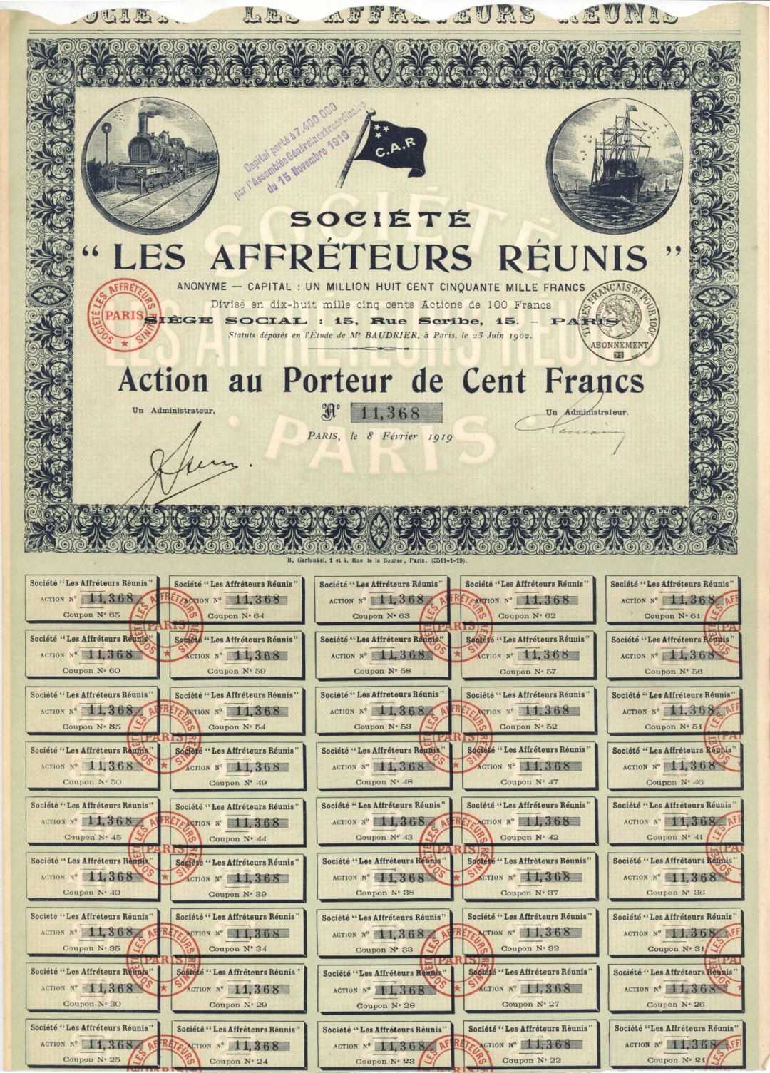 Societe "Les Affreteurs Reunis" -  1919 dated Stock Certificate