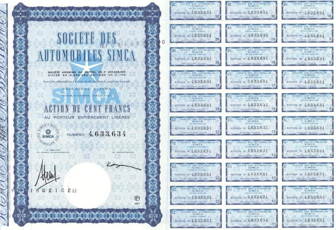 Societe des Automobiles Simca -  1967 Foreign Automotive dated Stock Certificate