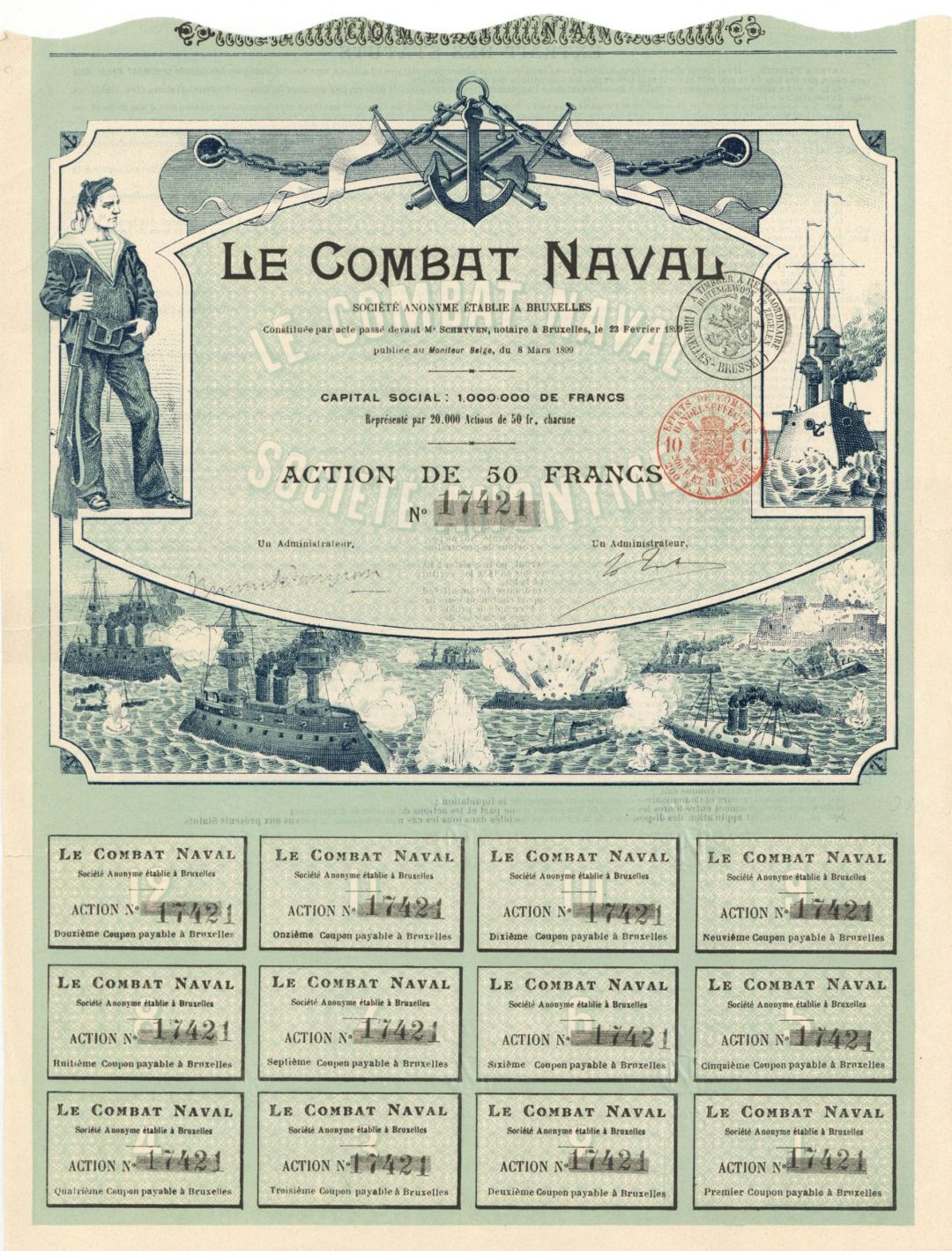 Le Combat Naval -  1899 dated Foreign Stock Certificate