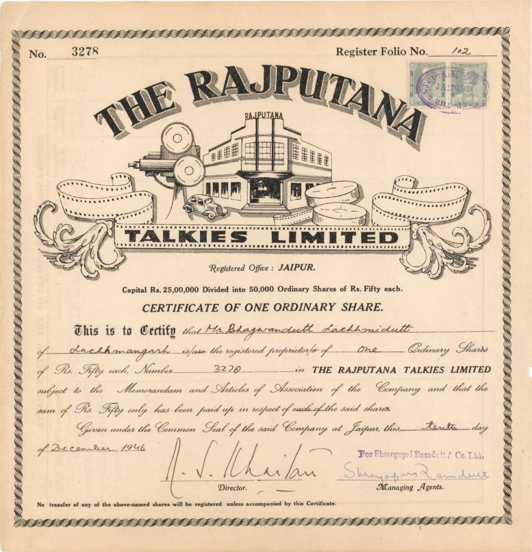 Rajputana - 1946 dated Foreign Stock Certificate
