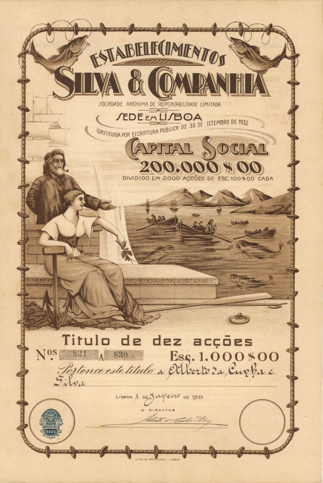 Estabelecimentos Silva and Companhia - 1933 dated Foreign Stock Certificate