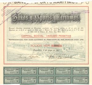 Banos y Sports Maritimos - 1925 dated Foreign Stock Certificate