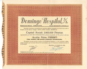 Domingo Hospital, S/A - 1940 dated Foreign Stock Certificate