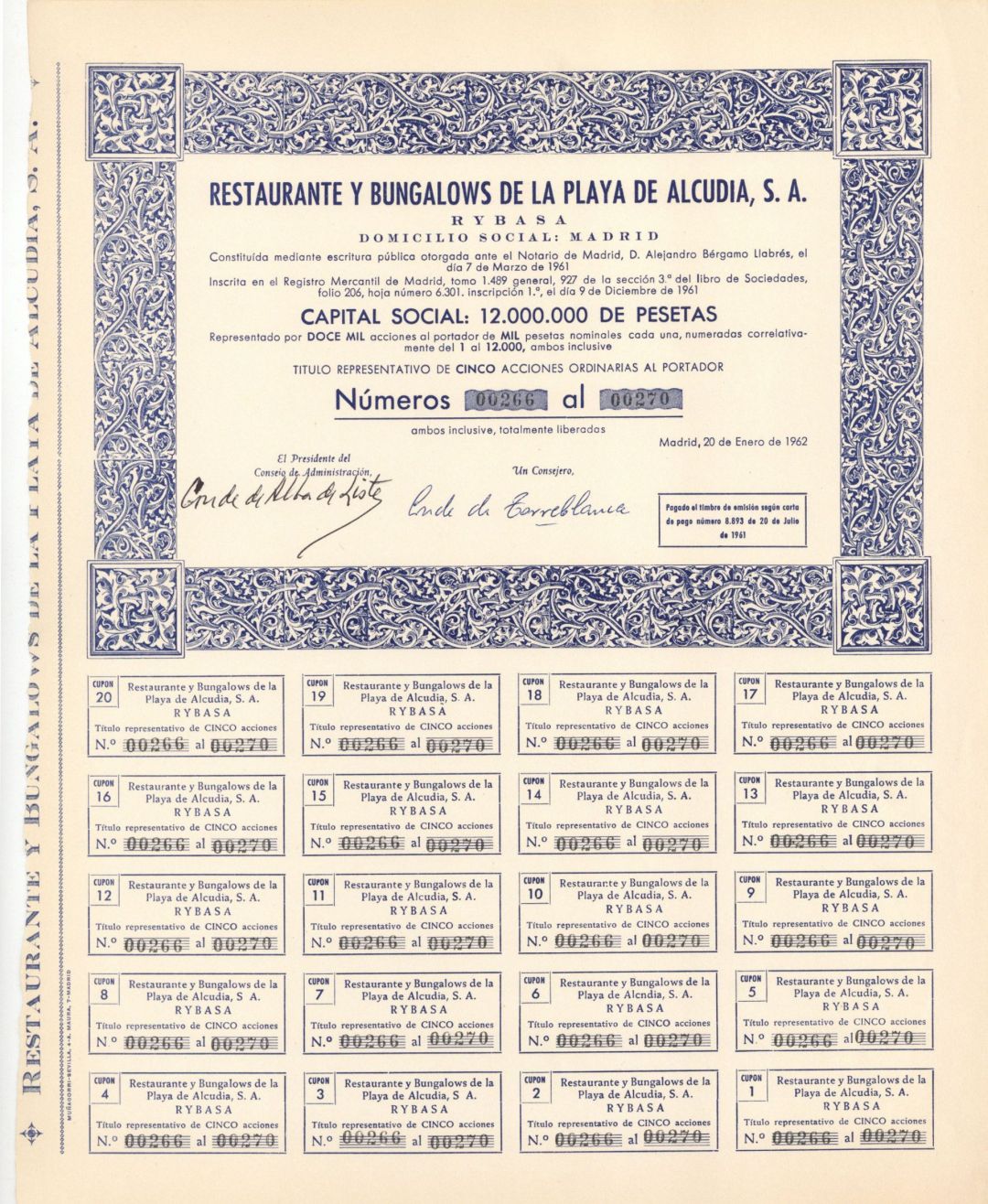 Restaurante Y Bungalows De La Playa De Alcudia, S.A. - 1962 dated Foreign Stock Certificate