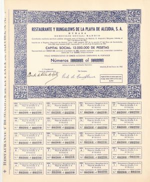 Restaurante Y Bungalows De La Playa De Alcudia, S.A. - 1962 dated Foreign Stock Certificate