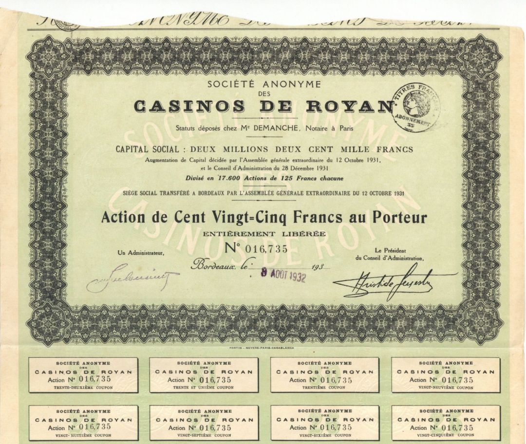 Societe Anonyme Des Casinos De Royan -  1932 dated Foreign Hotel Stock Certificate