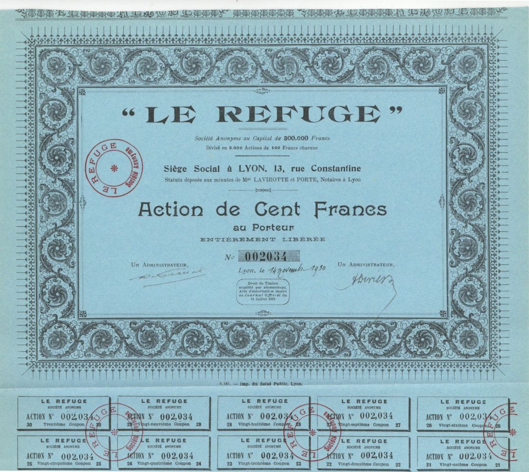 "Le Refuge" - 1930 dated Foreign Hotel Stock Certificate