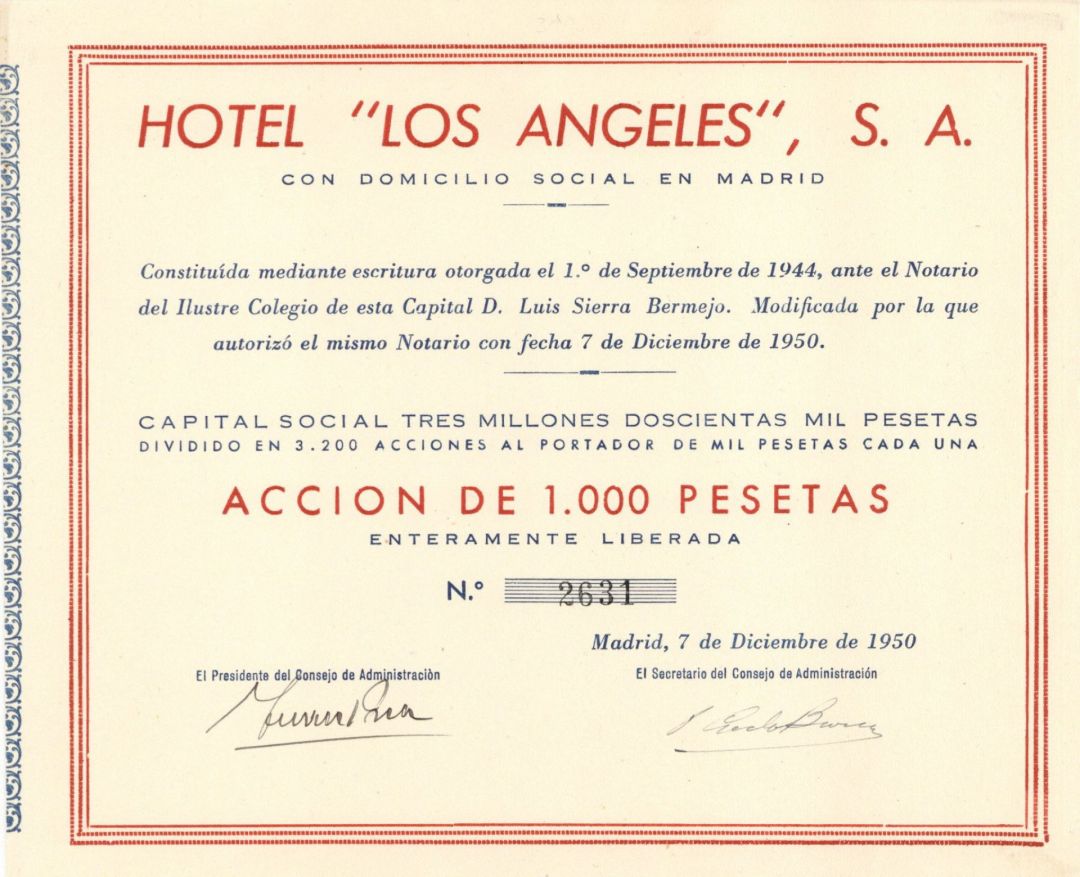 Hotel "Los Angeles", S.A. - 1950 dated Foreign Hotel Stock Certificate