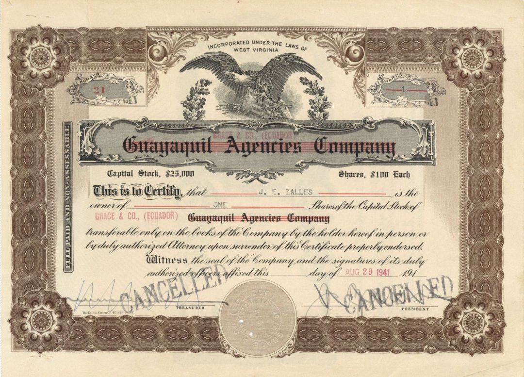 Guayaquil Agencies Co. - 1941 dated Foreign Stocks