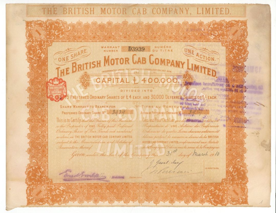 British Motor Cab Company Ltd. - 1910 dated Foreign Stocks